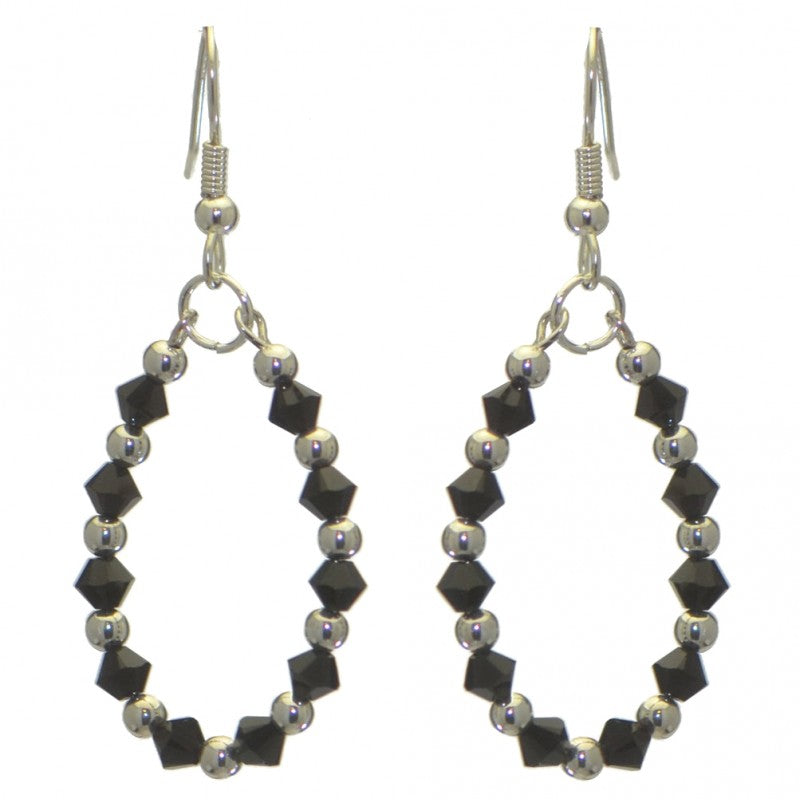 ADEOLA OVAL silver plated jet black crystal hoop hook earrings