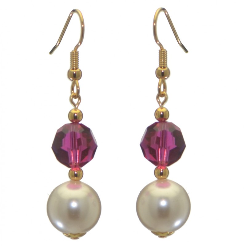 ALEXIA gold plated fuchsia pink white faux pearl hook earrings