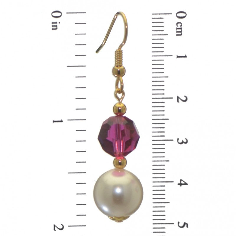 ALEXIA gold plated fuchsia pink white faux pearl hook earrings