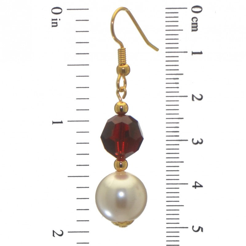 ALEXIA gold plated siam red white faux pearl hook earrings
