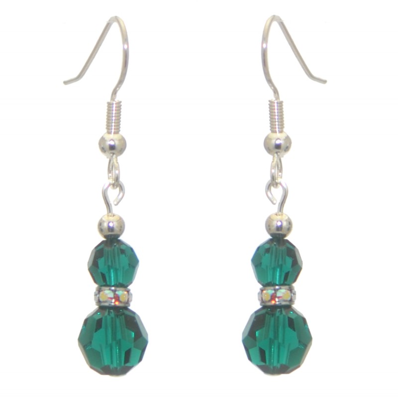 AMUNET silver plated emerald green crystal hook earrings