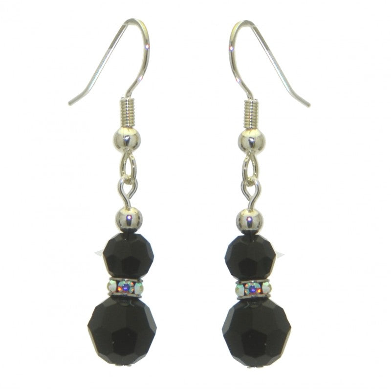 AMUNET silver plated jet black crystal hook earrings