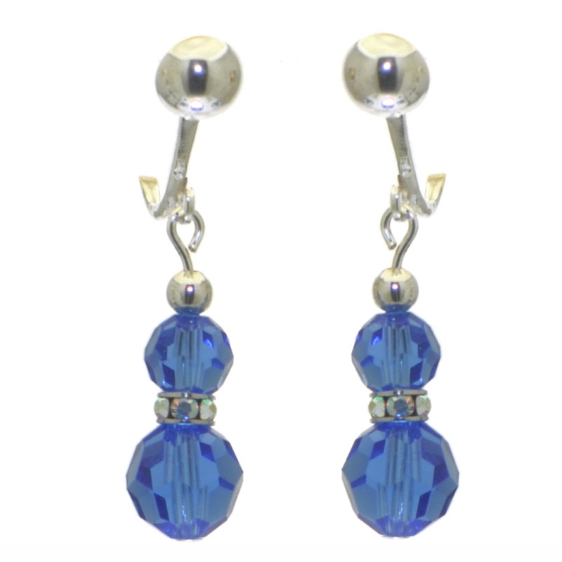 AMUNET silver plated sapphire blue crystal clip on earrings