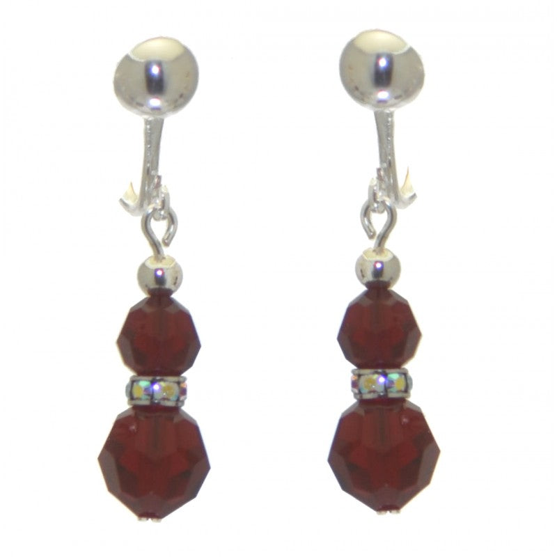 AMUNET silver plated siam red crystal clip on earrings