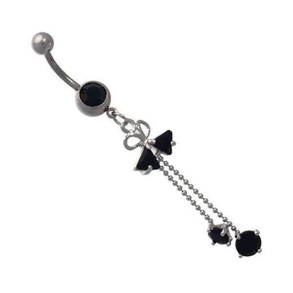 Ballet Silver tone Black Crystal Surgical Steel Belly Bar