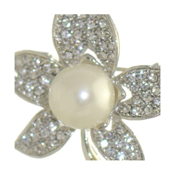 BOUVARDIA Silver tone Crystal faux Pearl Flower Brooch