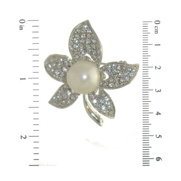 BOUVARDIA Silver tone Crystal faux Pearl Flower Brooch