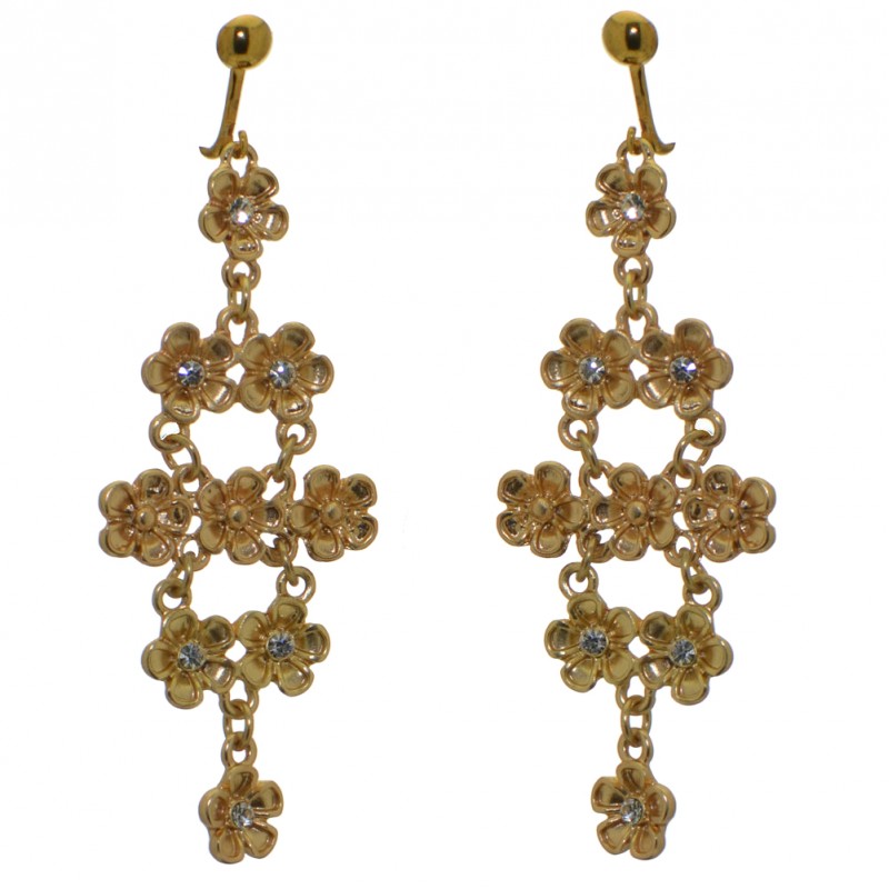 BRADLEE gold plated crystal flower drop clip on earrings