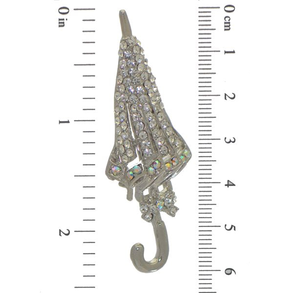 BROLLY silver tone crystal umbrella brooch