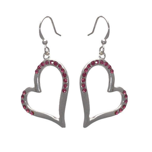 Capacious Silver tone Pink Crystal Heart Hook Earrings