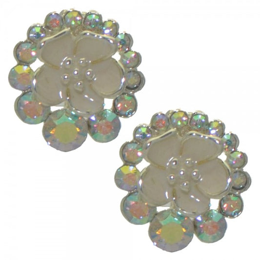 CASONDRA silver tone white flower ab crystal clip on earrings