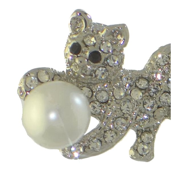 CAT and BALL silver plated crystal faux pearl cat brooch