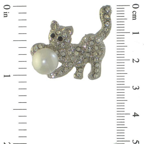 CAT and BALL silver plated crystal faux pearl cat brooch