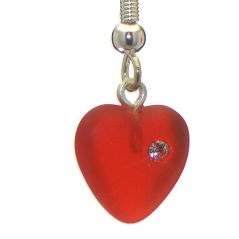 CORAZON red pressed glass heart with inset crystal hook earrings