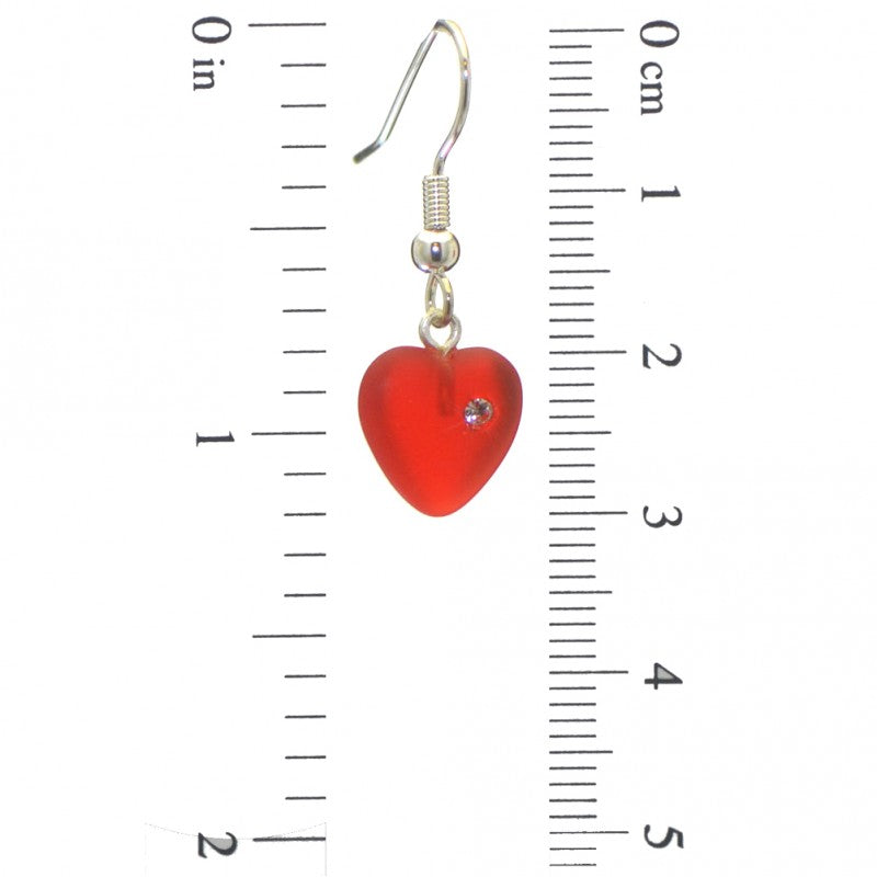 CORAZON red pressed glass heart with inset crystal hook earrings
