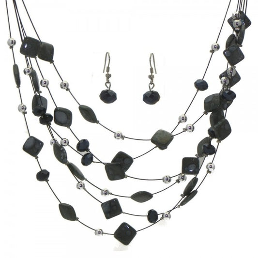 DESARAE Black Wire Smoke  and Grey Necklace Set with Hook Earrings