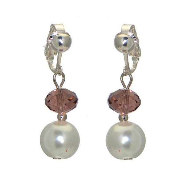 EDANA Silver tone Amethyst Crystal White faux Pearl Clip On Earrings