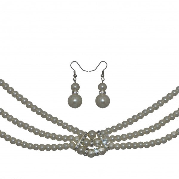 ERLINA Silver tone 3 Strand faux Pearl Necklace Hook Earrings