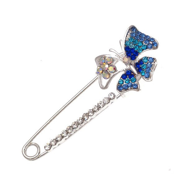 FAHMIDA Silver tone Blue Crystal Butterfly Brooch Pin