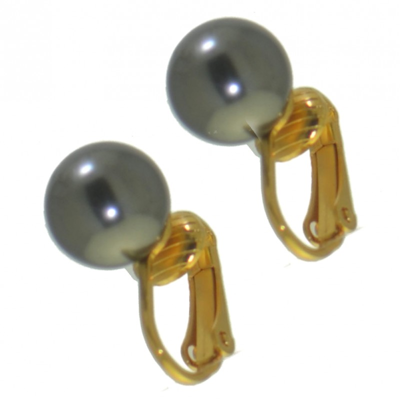 HADRIA 10mm gold plated dark grey faux Pearl Clip On Earrings