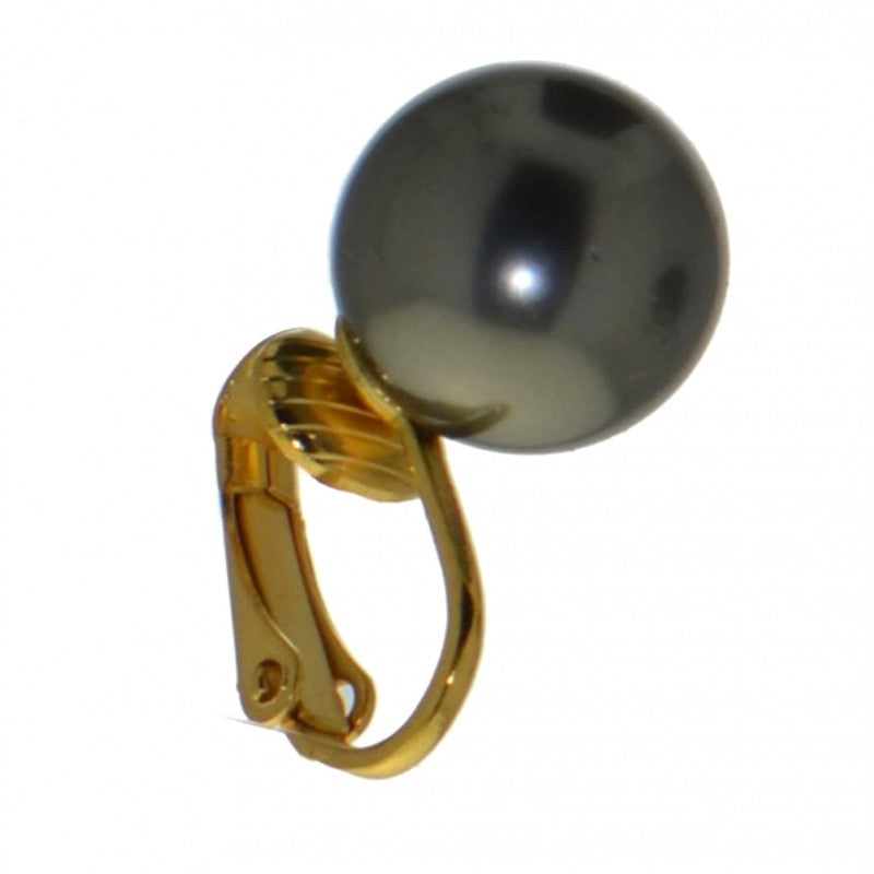 HADRIA 12mm gold plated dk grey faux pearl clip on earrings