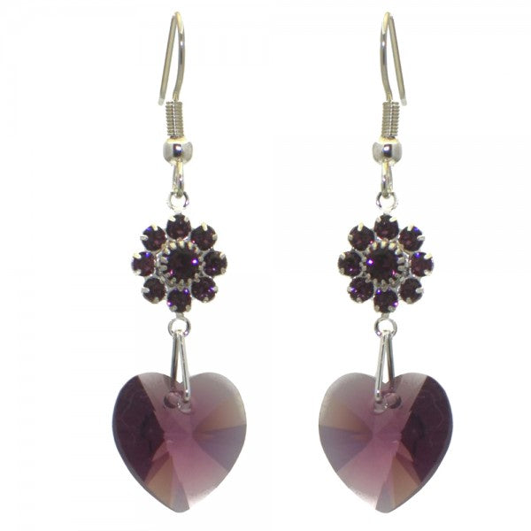 HEARTS And FLOWERS Silver Plated Amethyst Crystal Hook Earrings