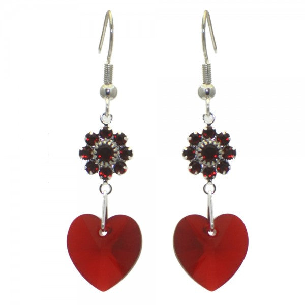 HEARTS And FLOWERS Silver Plated Siam Crystal Hook Earrings