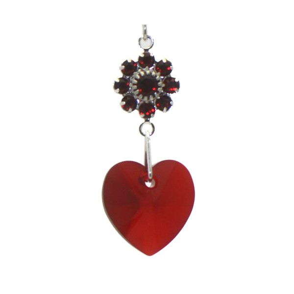 HEARTS And FLOWERS Silver Plated Siam Crystal Hook Earrings