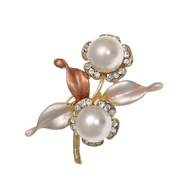 KAGISO Gold tone Peach Crystal faux Pearl Flower Brooch