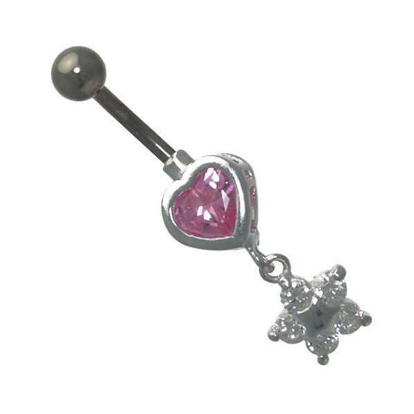 Kandi Pink Heart Crystal Star Sterling Silver Belly Bar