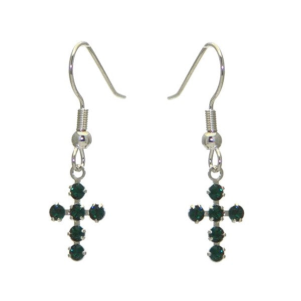 LA CROIX Silver Plated Emerald green Crystal Cross Hook Earrings