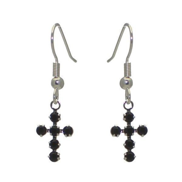 LA CROIX Silver Plated Jet Crystal Cross Hook Earrings