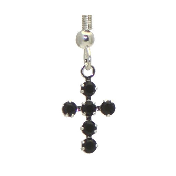 LA CROIX Silver Plated Jet Crystal Cross Hook Earrings