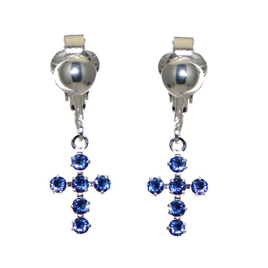 LA CROIX Silver Plated Sapphire Crystal Cross Clip On Earrings