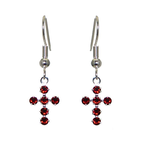 LA CROIX Silver Plated Siam Crystal Cross Hook Earrings