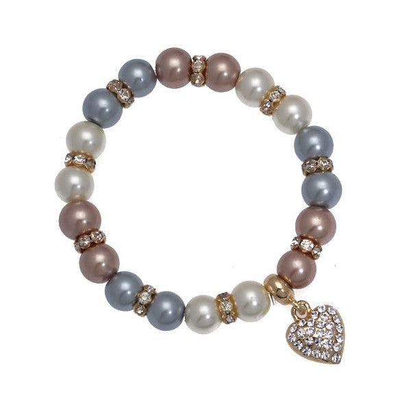 MONALISA Gold tone Cream Grey Beige faux Pearl Elasticated Heart Bracelet