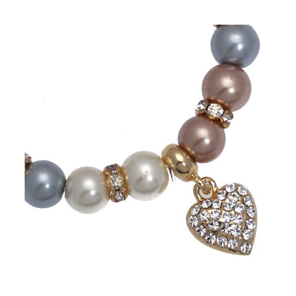 MONALISA Gold tone Cream Grey Beige faux Pearl Elasticated Heart Bracelet