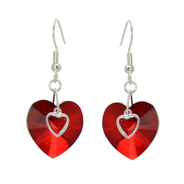 PASSIONATE Silver Plated Siam Crystal Heart Hook Earrings
