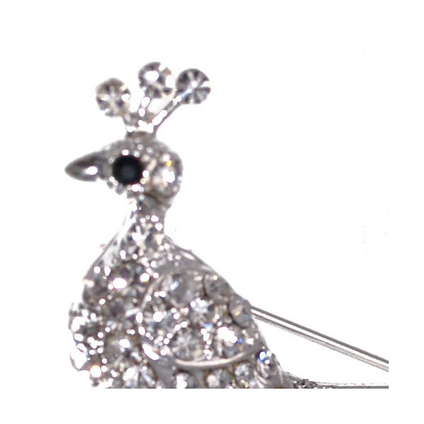 Peacock Silver tone Clear Crystal Brooch