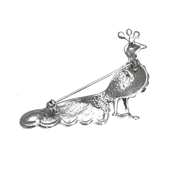 Peacock Silver tone Clear Crystal Brooch
