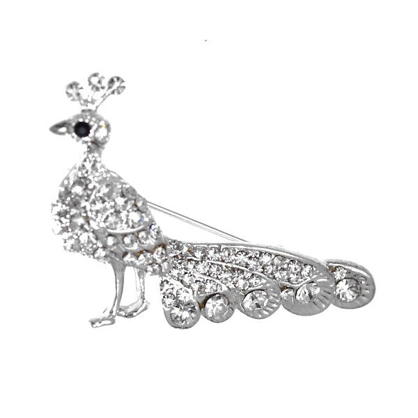 Peacock Silver tone Clear Crystal Brooch