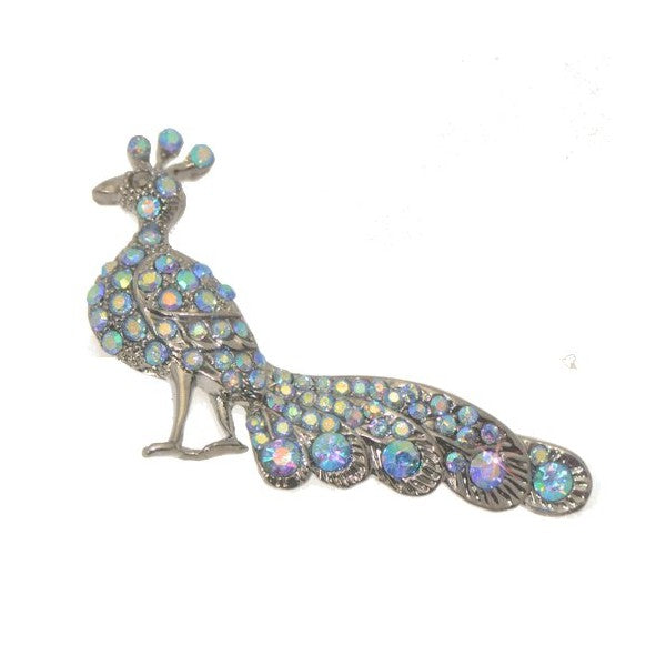 PRISSY Antique Silver Plated AB Crystal Peacock Brooch