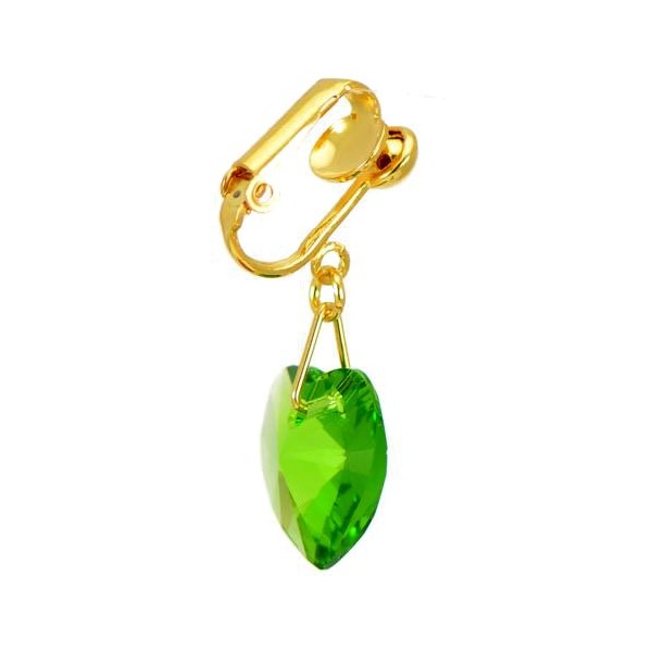 VALENTINE Gold Plated Fern Green Crystal Heart Clip On Earrings