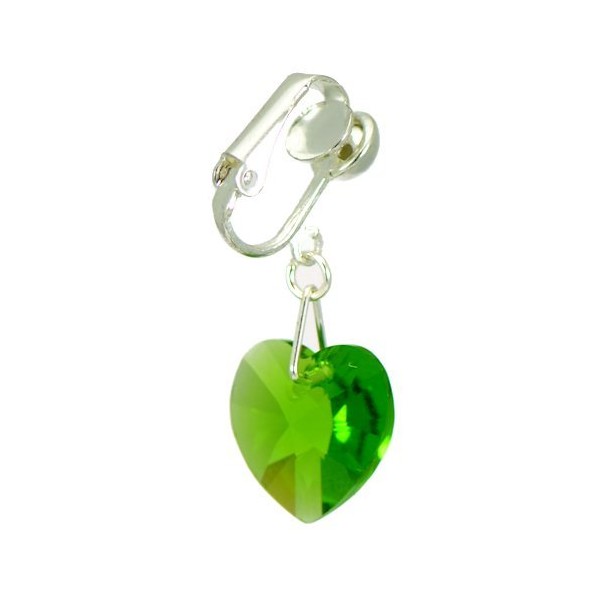 VALENTINE Silver Plated Fern Green Crystal Heart Clip Earrings