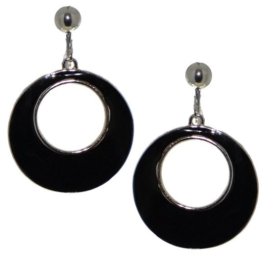 ABITAL Silver tone Black Hoop Clip On Earrings