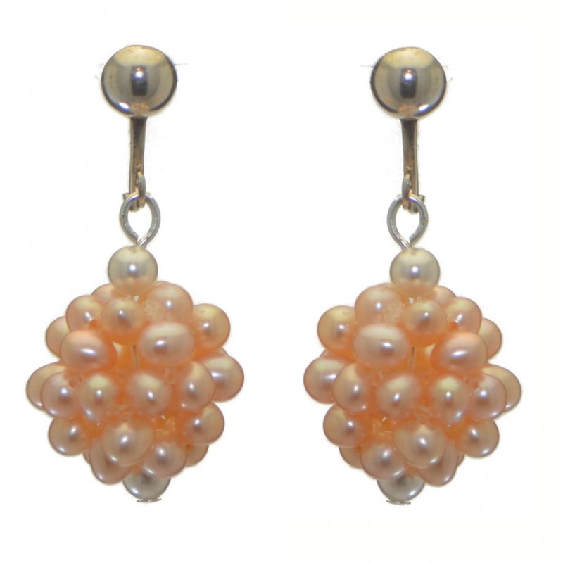 ACACIA silver plated peach cultured pearl cluster clip on earrings
