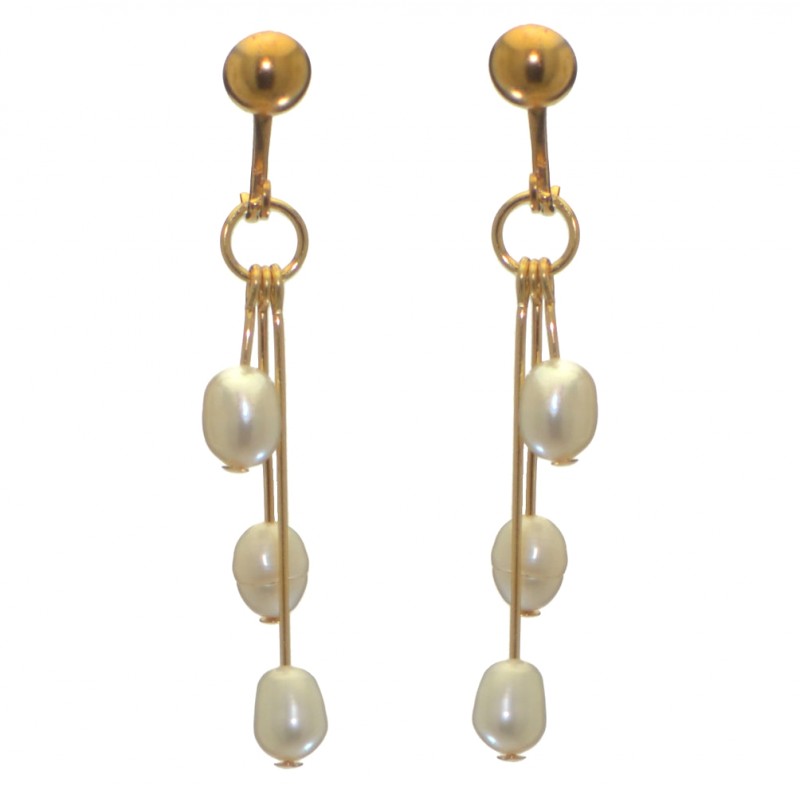 ADDIE DROPS gold plated triple white freshwater pearl clip on earrings
