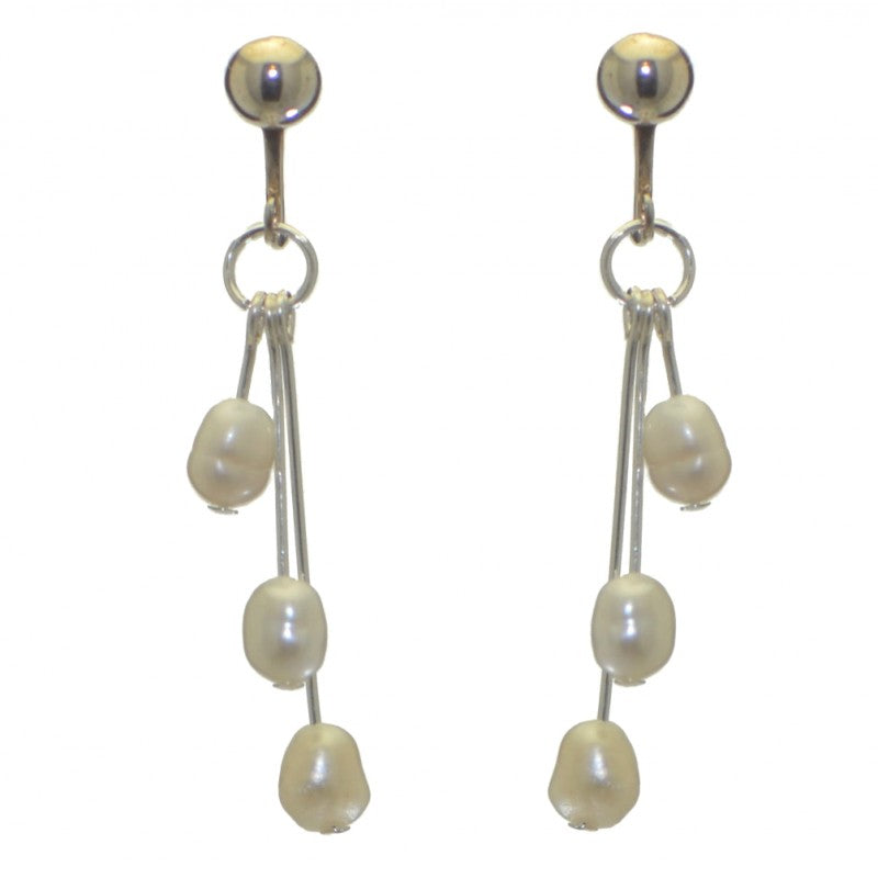 ADDIE DROPS silver plated triple white freshwater pearl clip on earrings