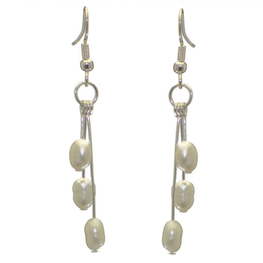 ADDIE DROPS silver plated triple white freshwater pearl hook earrings