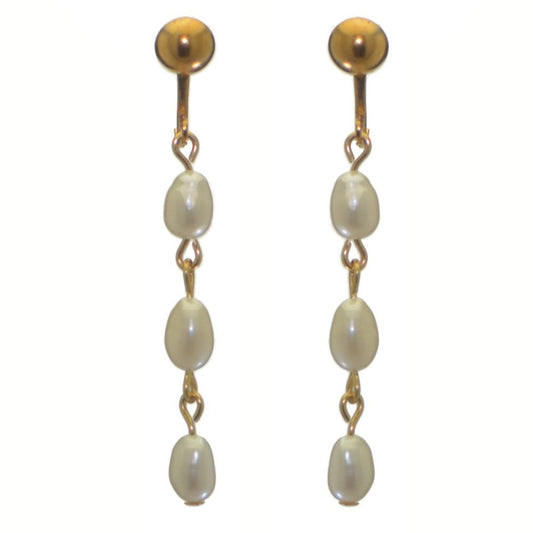 ADDIE LINKS gold plated triple white freshwater pearl clip on earrings